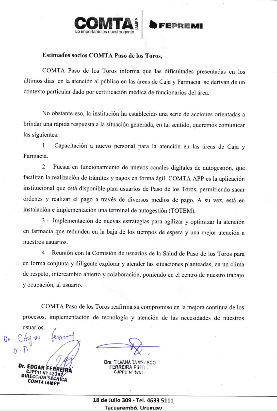 COMTA Paso de los Toros sobre atención en Caja y Farmacia 